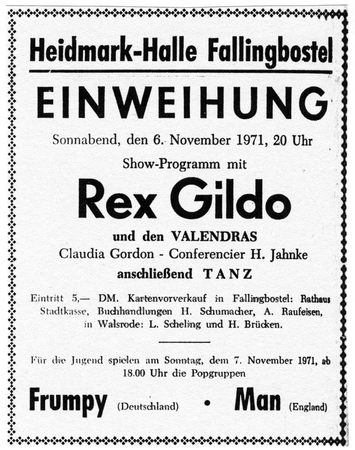 Bild vergrößern: Anzeige für das Eröffnungskonzert in der Heidmark-Halle mit Rex Gildo