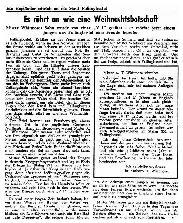 Bild vergrößern: Artikel von Rudolf Klessing -si- in der Walsroder Zeitung am 16. 12. 1955