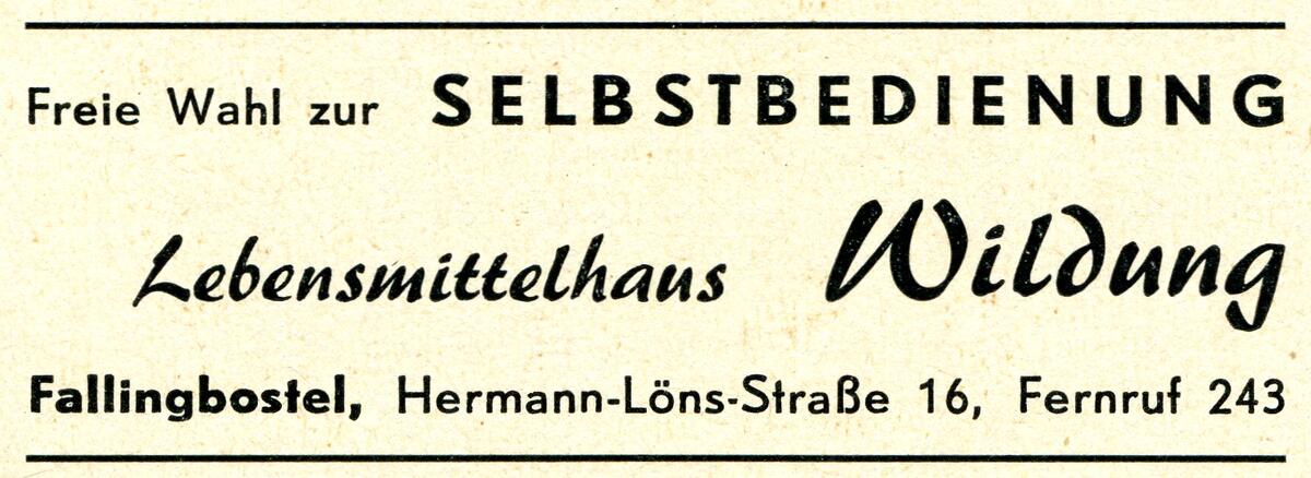 Bild vergrößern: Anzeige von Wilhelm Wildung im "Heimat- und Adreßbuch 1960 Landkreis Fallingbostel"