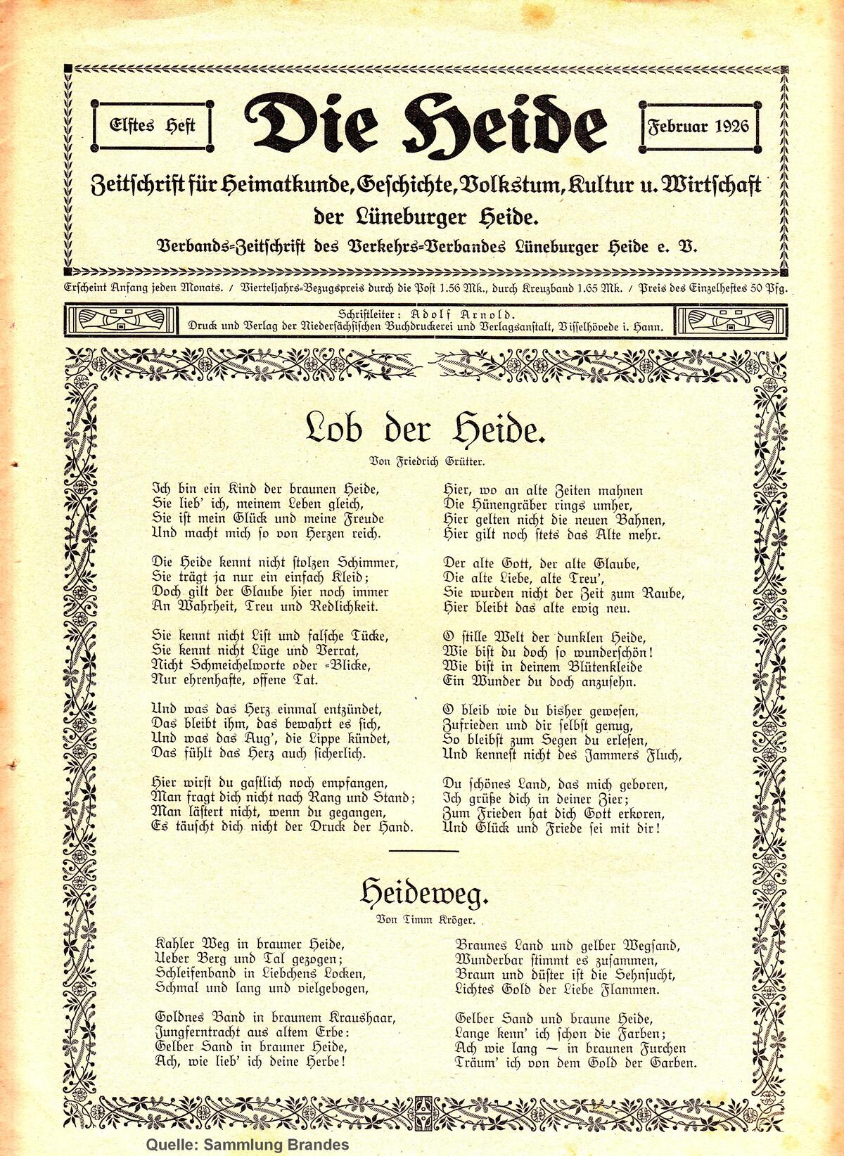 Bild vergrößern: Titelseite der Zeitschrift "Die Heide", Heft 11 aus dem Februar 1926
