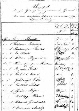Bild vergrößern: Friedrich Schmidt in der Mitgliederliste des 1839 gegründeten Lieth-Clubs
