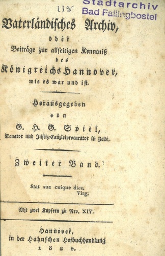 Bild vergrößern: Titelseite des "Vaterländischen Archivs" (1820)