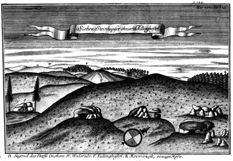 Bild vergrößern: Abbildung eines der Sieben Steinhäuser nach J. F. Berkelmann (1744)