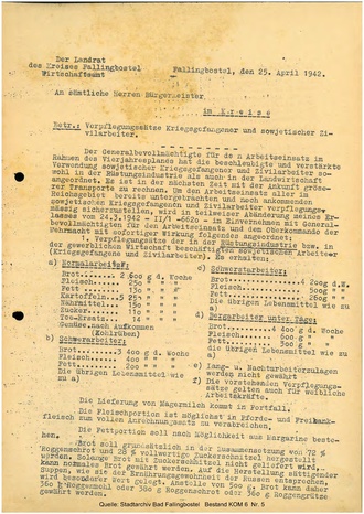 Bild vergrößern: Errste Seite eines Rundschreibens über Verpflegungssätze sowjetischer Kriegsgefangener und Zivilarbeiter